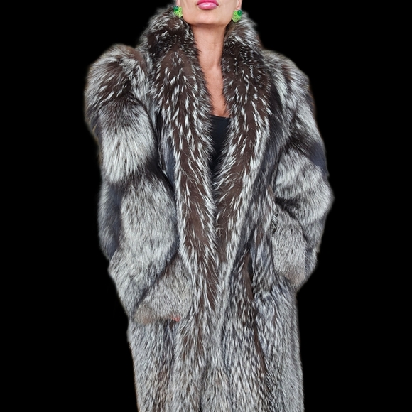 Vintage Genuine "Chubby" Fluffy Silver Indigo Fox Fur Full Length Coat - Picture 10 of 13